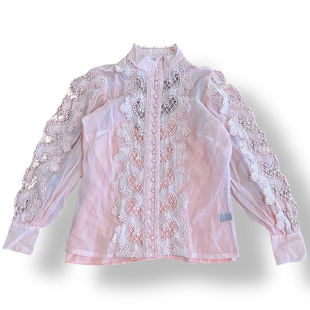 Boston Proper Pink Cutout‎ Lace Button Up Drama Sleeve Shirt Size Small